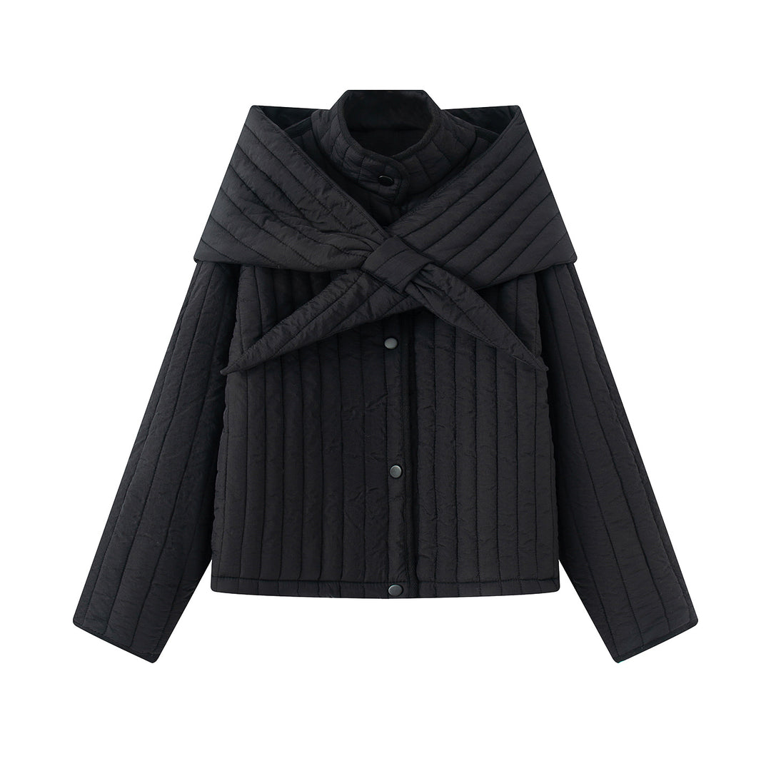 Women's quilted jacket with large wrap collar and tie scarf Mune Fashion