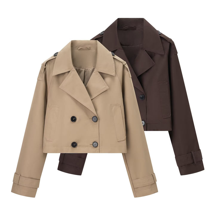 Women's cropped tailored double-breasted trench coat in boxy cut with shoulder pads and adjustable cuffs Mune Fashion