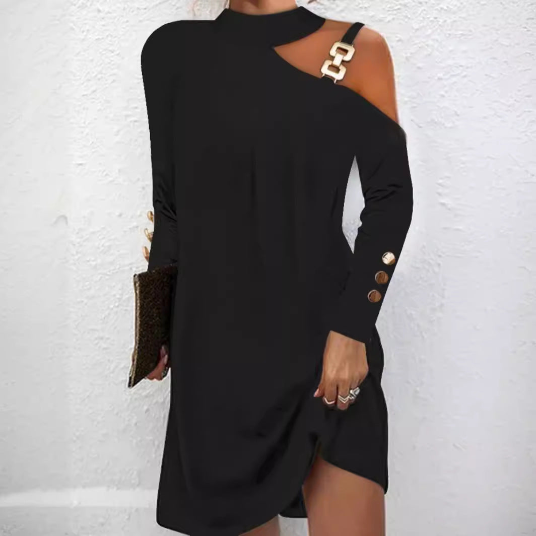Women nan asymmetrical mini dress with stand collar, cut-out shoulder and decorative chain straps Mune Fashion