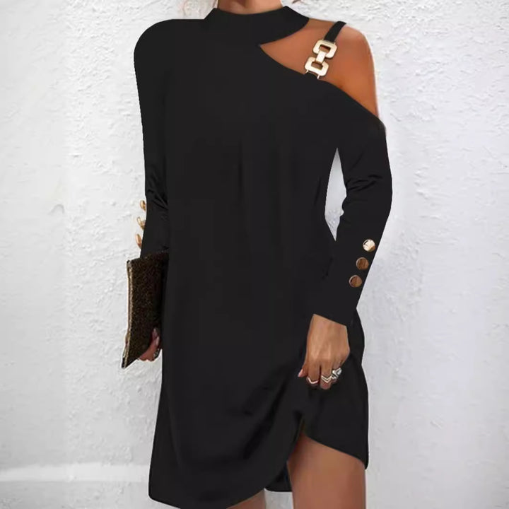 Women nan asymmetrical mini dress with stand collar, cut-out shoulder and decorative chain straps Mune Fashion