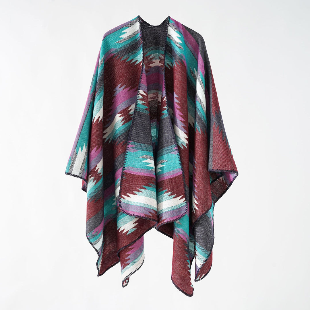 Women's wool-look ruana with graphic ethnic jacquard and decorative overlock seam Mune Fashion