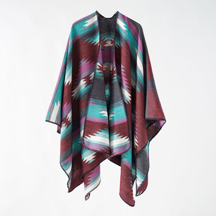 Women's wool-look ruana with graphic ethnic jacquard and decorative overlock seam Mune Fashion