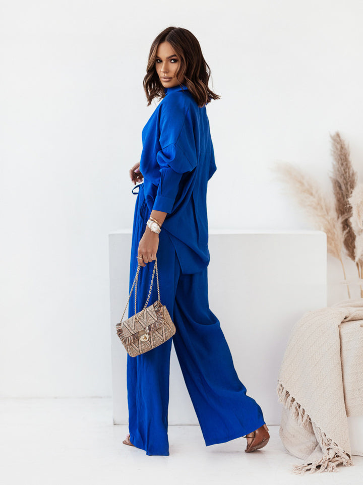 Women’s Crinkle Lounge Set with oversized button-up blouse and wide palazzo pants Mune Fashion