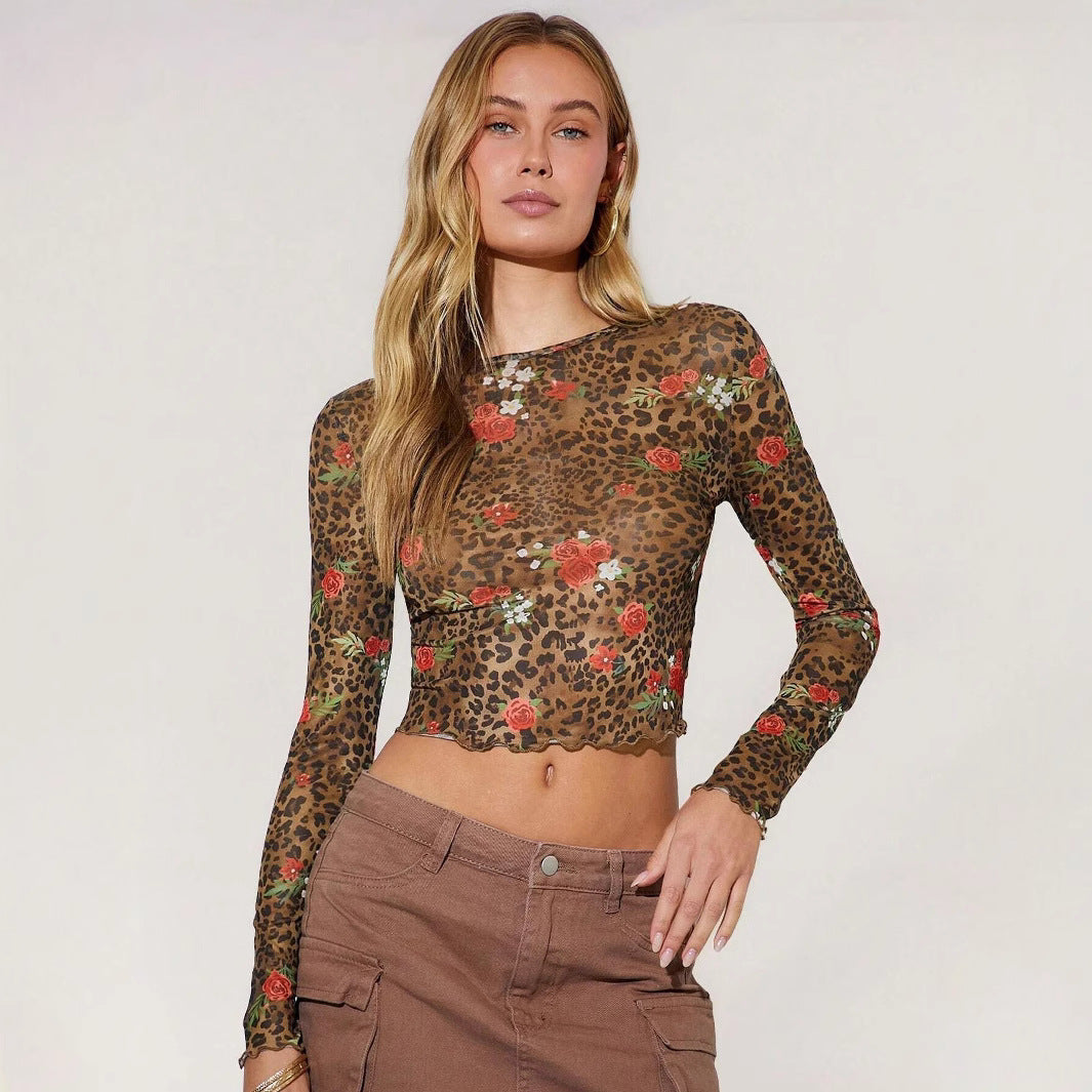 Women nan fine Mesh Crop Top with leopard and rose print Mune Fashion