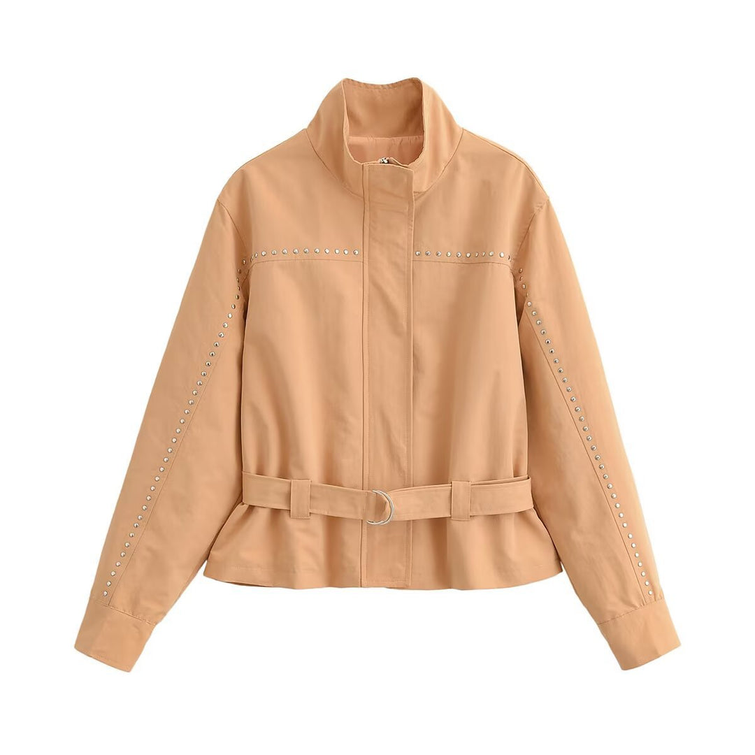 Women Short Tailored Jacket with Stud Detailing and Tie Belt Mune Fashion