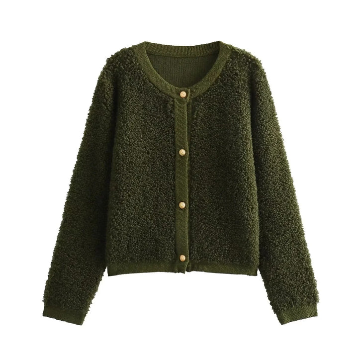 Women Boucle Cardigan with Button Placket and Round Neck Mune Fashion