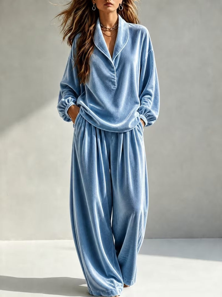 Women's Luxurious Velour Loungewear Set with Shawl Collar and Wide Palazzo Pants Mune Fashion