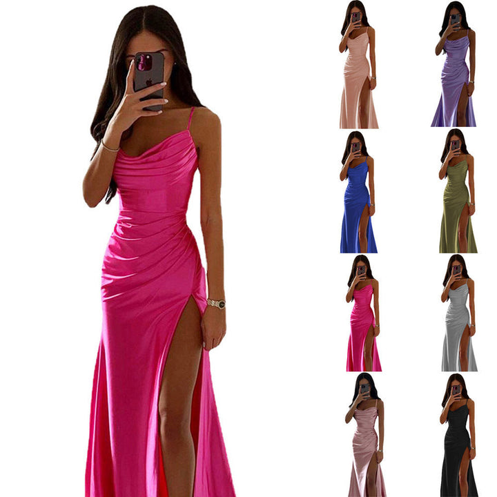 Women Elegant Evening Dress with Gatherings and High Split Mune Fashion