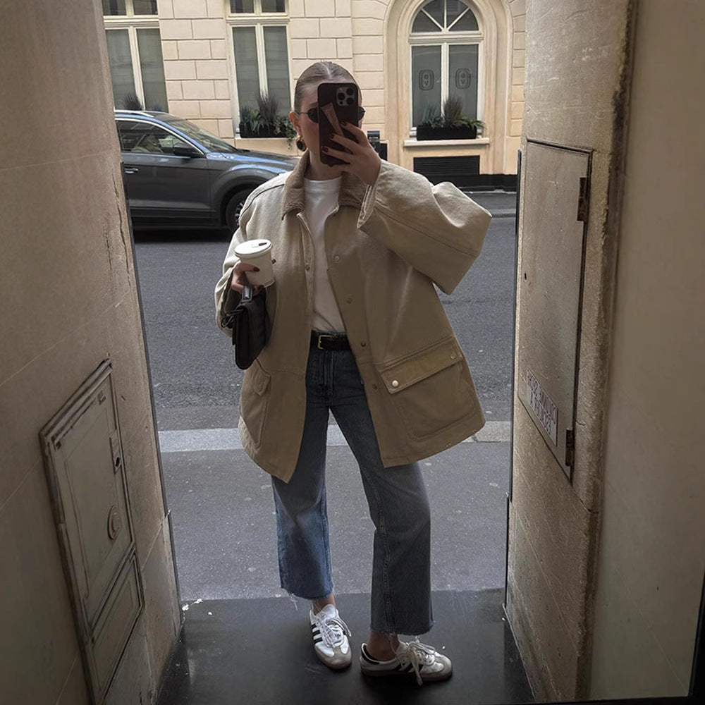 Women's Oversized Field Jacket with Cord Collar, Large Flap Pockets and Snap Button Closure Mune Fashion