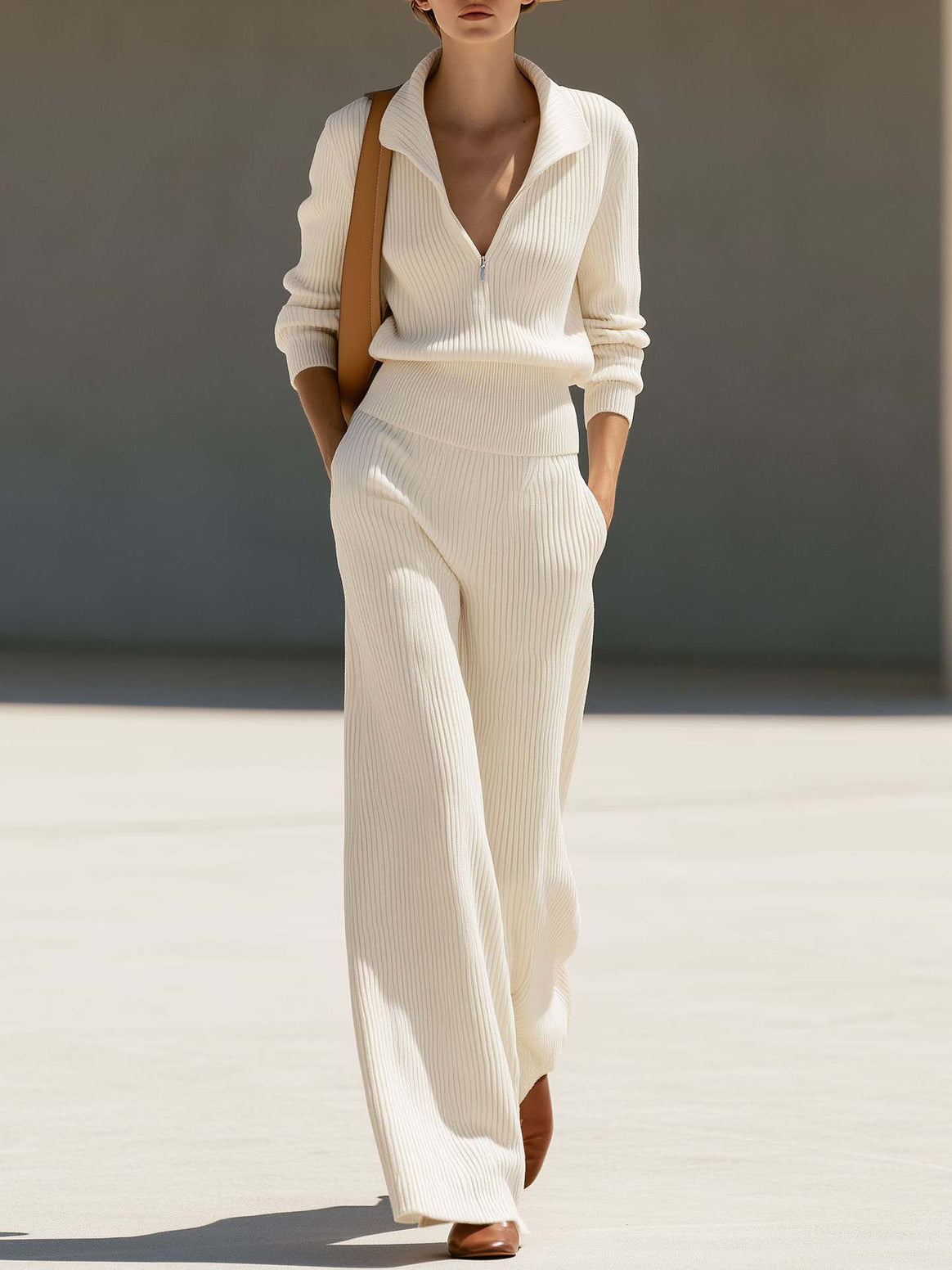 Women's ribbed knit set with half zipper and wide palazzo pants Mune Fashion