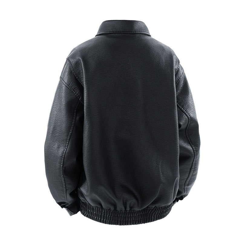 Men's faux leather bomber jacket with large patch flap pockets, concealed zipper, and elastic hem Mune Fashion