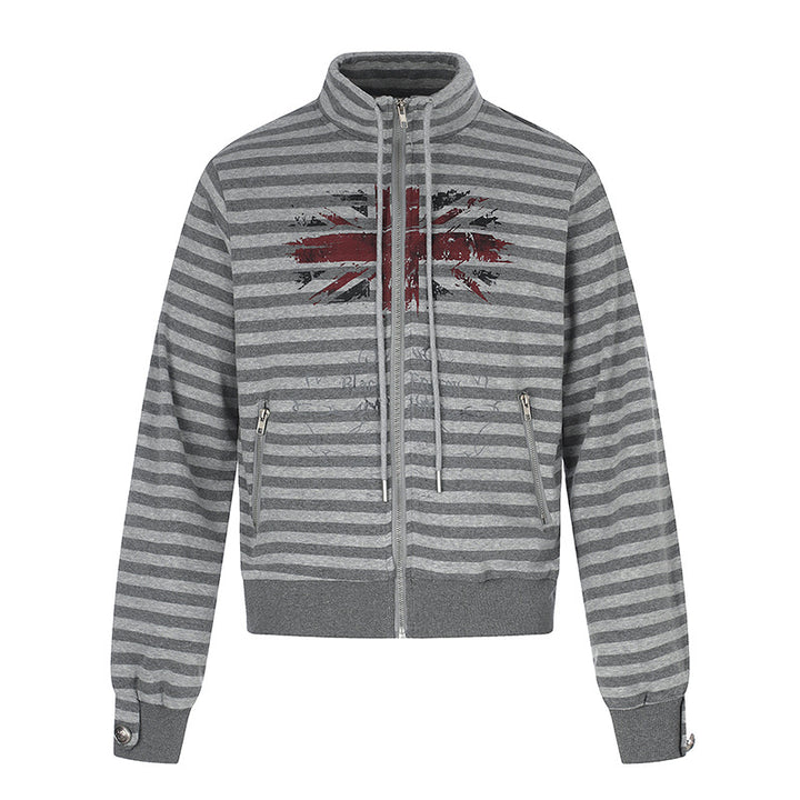 Women's Striped Zip Sweat Jacket with Stand Collar, Zipper Pockets and Vintage Flag Print Mune Fashion