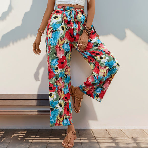 Women's Lightweight High-Waist Marlene Trousers with Floral Watercolor Print, Wide Leg & Tied Belt Mune Fashion