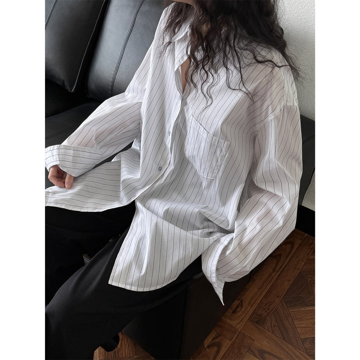 Women's oversized striped shirt blouse made of lightweight viscose blend with chest pocket Mune Fashion