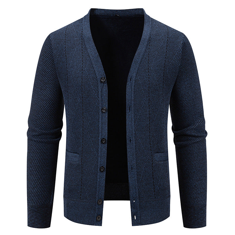 Men's Structured Fine Knit Cardigan with Chevron Pattern, V-Neck and Insert Pockets Mune Fashion