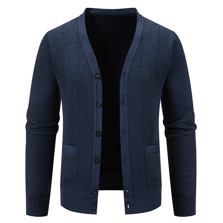Men's Structured Fine Knit Cardigan with Chevron Pattern, V-Neck and Insert Pockets Mune Fashion