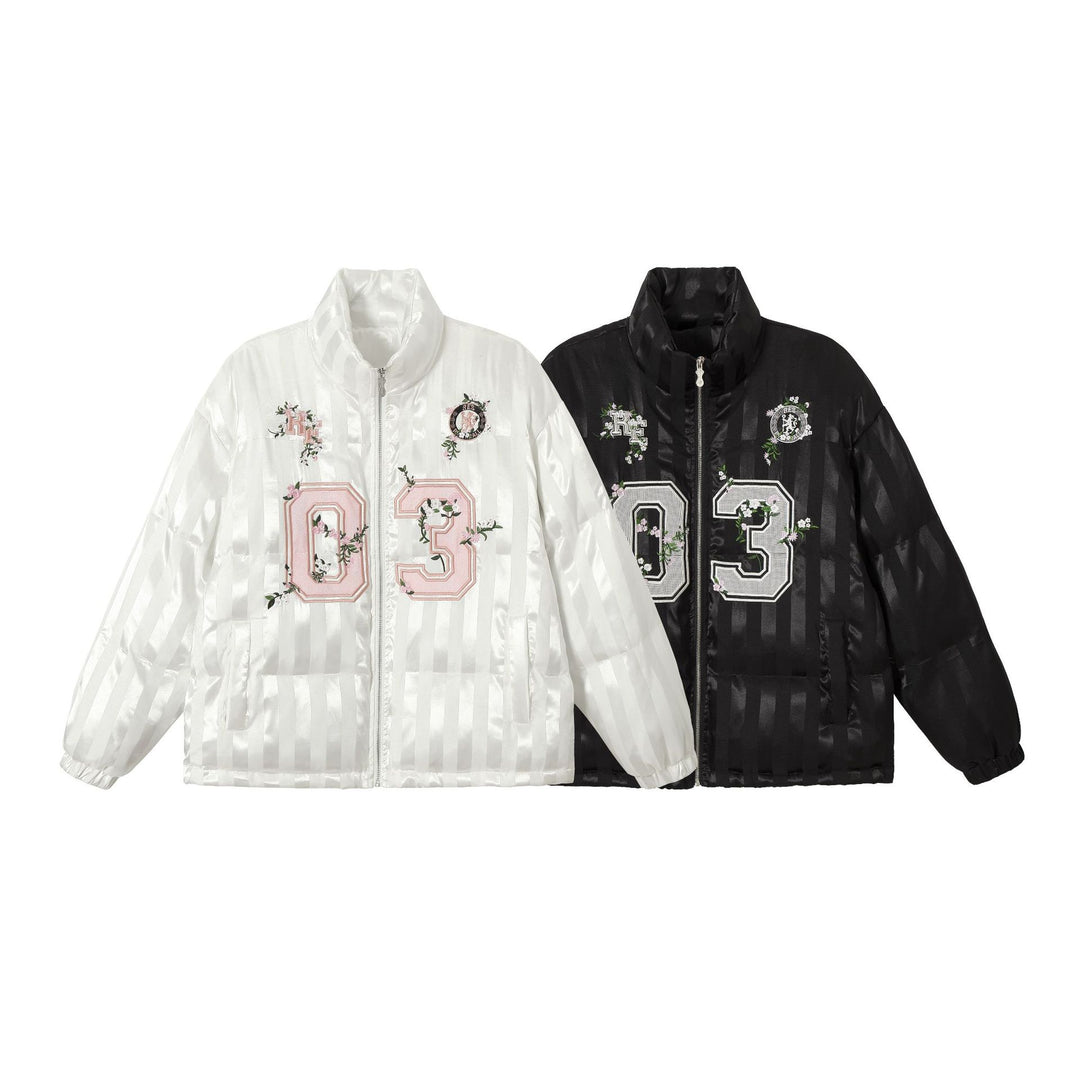Women's Boxy Quilted Satin Puffer Jacket with Floral Embroidery Detail Mune Fashion