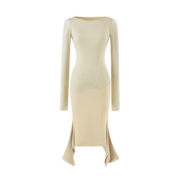 Women Figure-Hugging Midi Dress with Asymmetrical Hem and Panel Design Mune Fashion