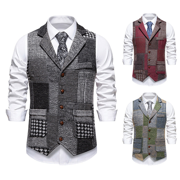 Men's nan Patchwork Vest with Notched Lapel Button Placket and Patch Pockets Mune Fashion