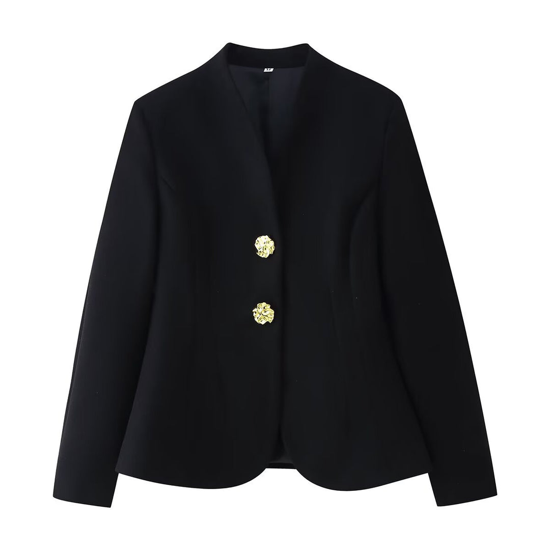 Women Tailored Blazer without Lapels with Golden Decorative Buttons Mune Fashion