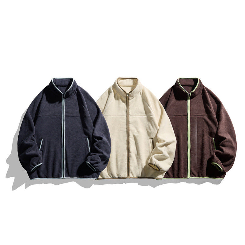 Unisex fleece jacket with full zip in oversized boxy cut, stand-up collar and contrast piping Mune Fashion