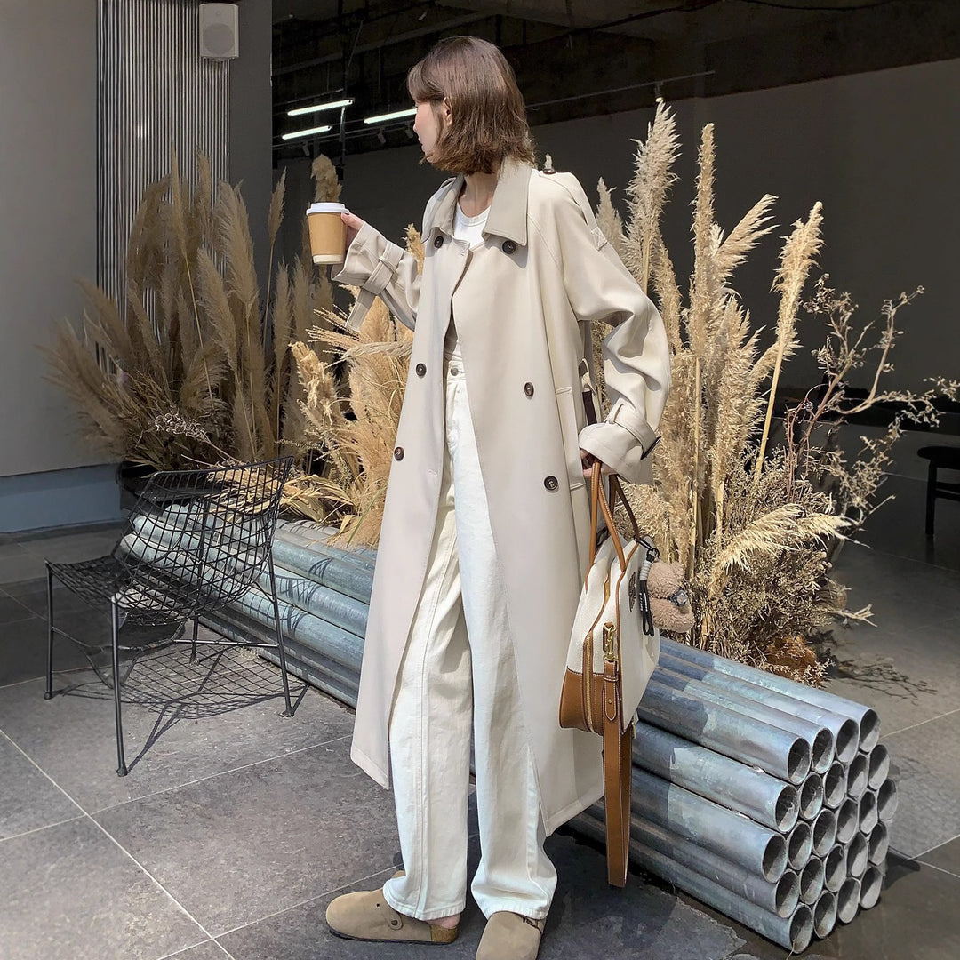 Women Long Cut Minimalist Trench Coat with Soft Fall, Dropped Shoulders and Adjustable Sleeve Straps Mune Fashion