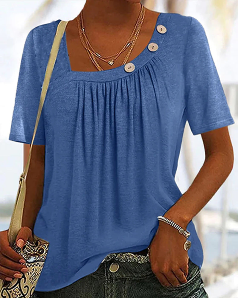 Women's boxy short-sleeve shirt with square neckline, gathered bust area and decorative button detail Mune Fashion