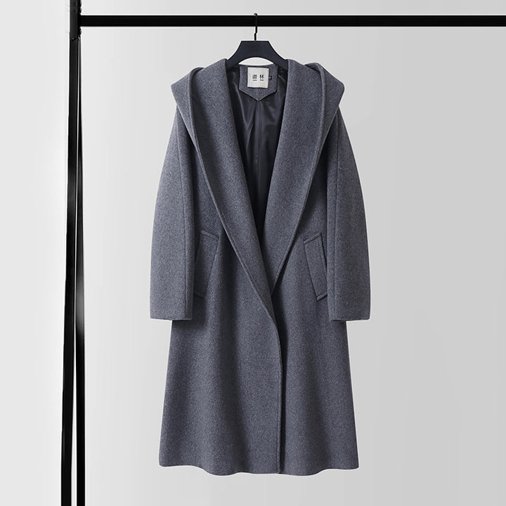 Men's maxi-length hooded coat made of wool blend with tie belt and boxy silhouette Mune Fashion