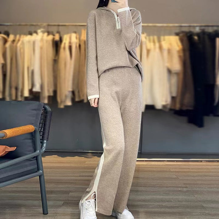 Women's Knit Relax Set with Hood, Wide Leg and Side Contrast Stripe Mune Fashion