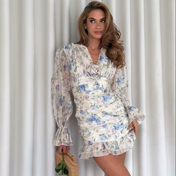 Women's wrap mini dress with deep V-neck, ruffled edge and ruched waist Mune Fashion