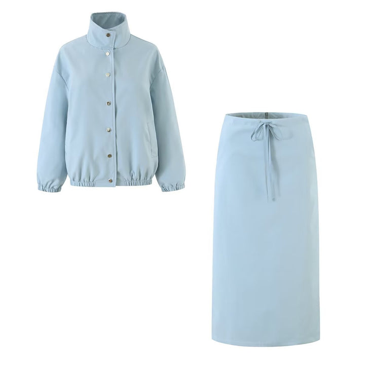 Women Two-Piece Set consisting of short blouson with stand-up collar and high-waisted pencil skirt Drune