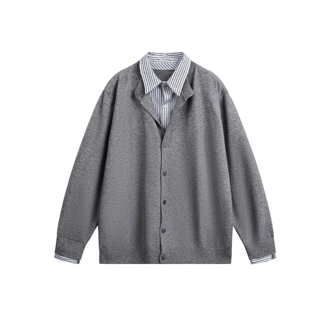 Unisex Layered Look Knit Cardigan with Integrated Shirt Collar and Button Placket Mune Fashion