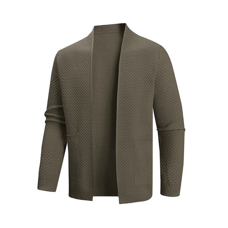 Men's cardigan with open waffle knit and shawl collar, patch pockets, and ribbed cuffs Mune Fashion