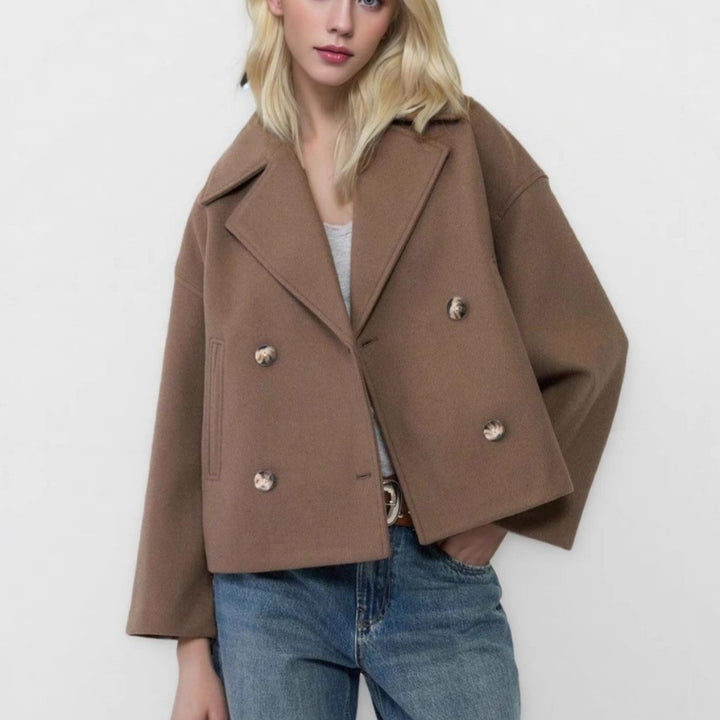 Women's short double-breasted wool blend coat jacket in boxy cut with wide lapel collar Mune Fashion