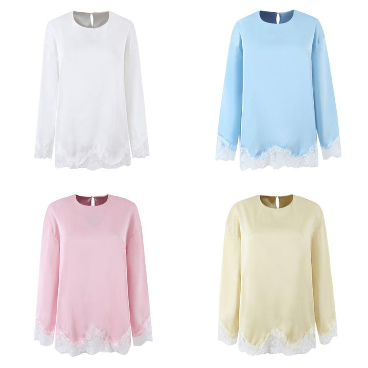 Ladies Elegant Loose Long Sleeve Blouse with Lace Trim at the Hem and Sleeves Mune Fashion
