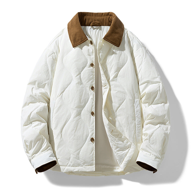 Men's Quilted Padded Jacket with Corduroy Collar and Button Placket Drune