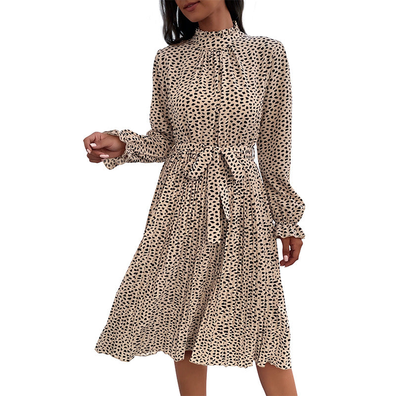 Women's midi dress with stand-up collar, gathered yoke and tie belt Mune Fashion