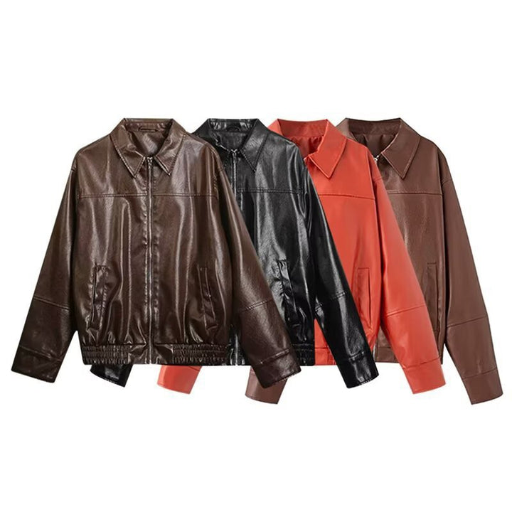 Men's oversized faux leather bomber jacket with shirt collar, full zip, side pockets, and elastic hem Mune Fashion