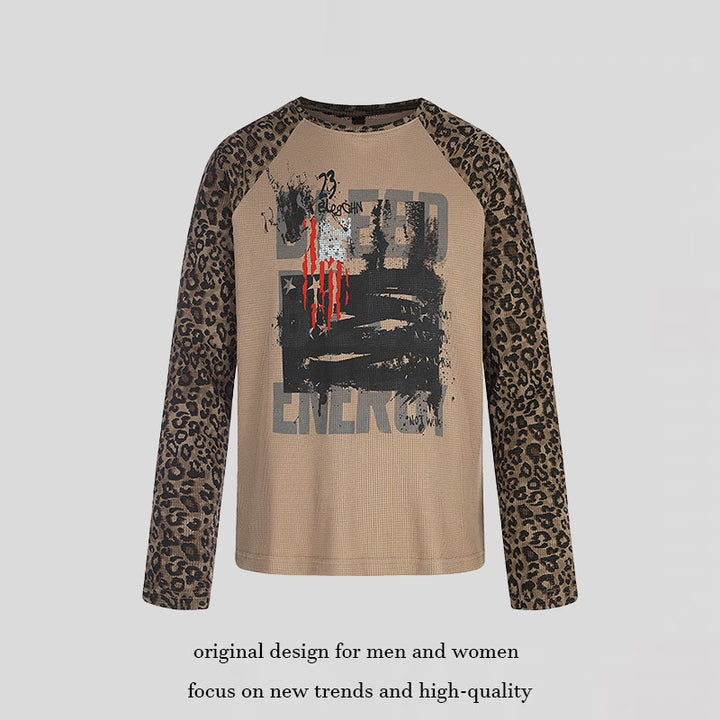 Women's raglan long sleeve shirt with leopard print sleeves and abstract graphic print Mune Fashion