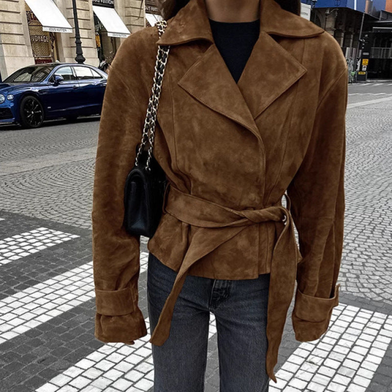 Women's Tailored Suede-Look Short Jacket with Wrap Belt and Long Cuffs Mune Fashion