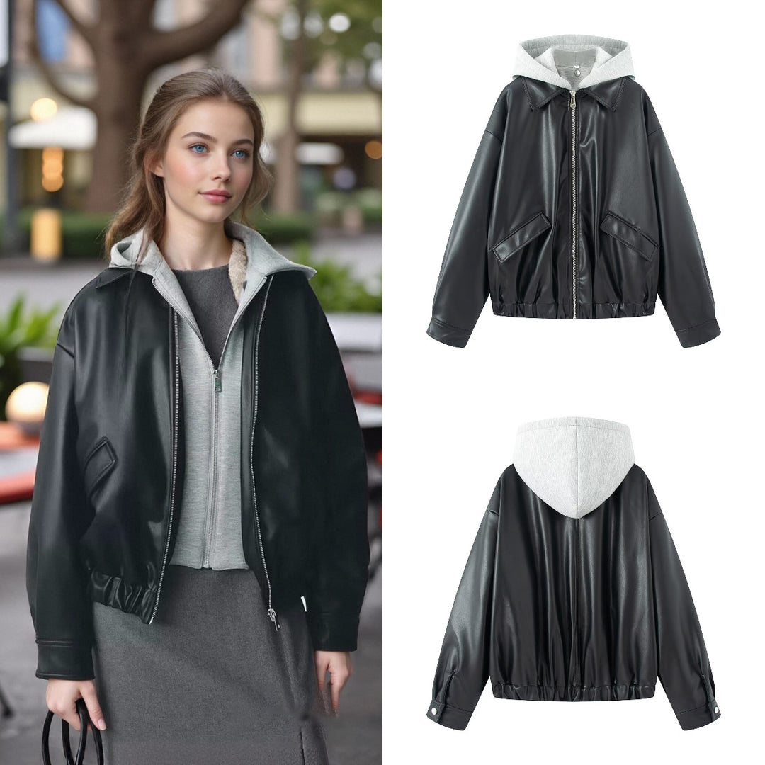 Women Oversize Faux Leather Blouson with Hood Insert and Flap Pockets Mune Fashion