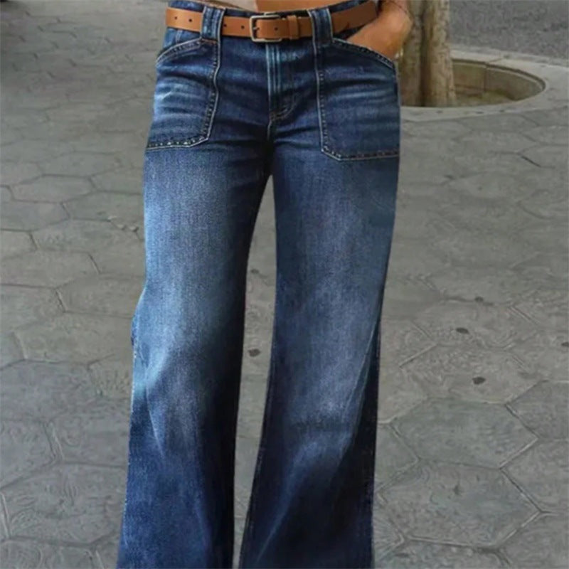 Women High-Waisted Denim Jeans with Wide Flared Legs and Patch Front Pockets Mune Fashion