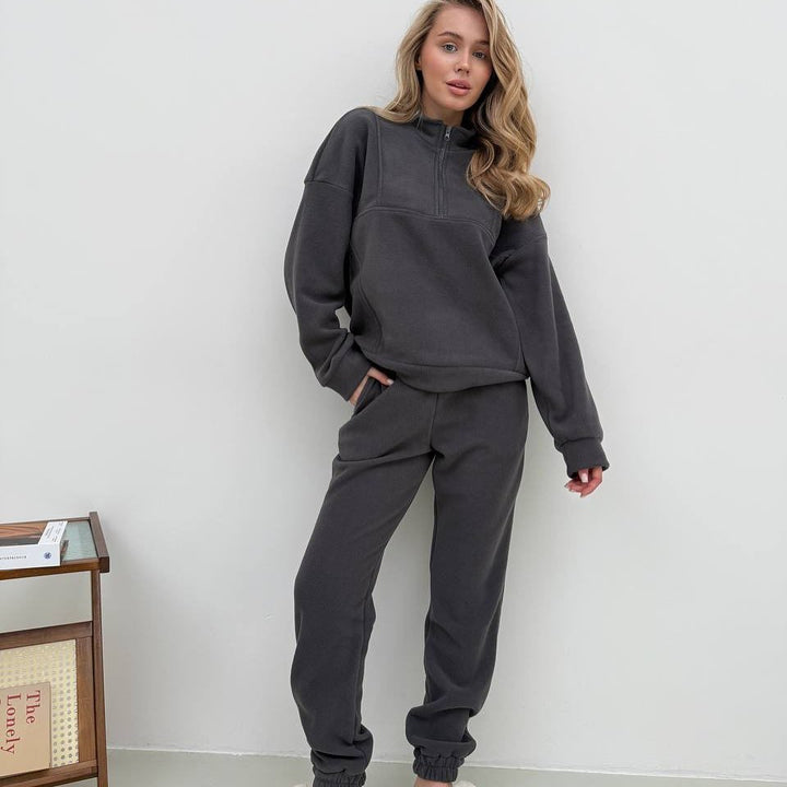 Women's Cozy Fleece Loungewear Set with Half Zipper and Elastic Jogging Pants Mune Fashion