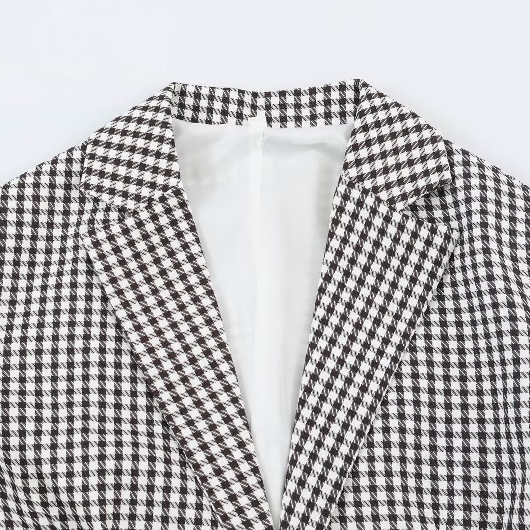 Women Oversized Blazer in Houndstooth Pattern with Balloon Sleeves and Patching Pockets Mune Fashion