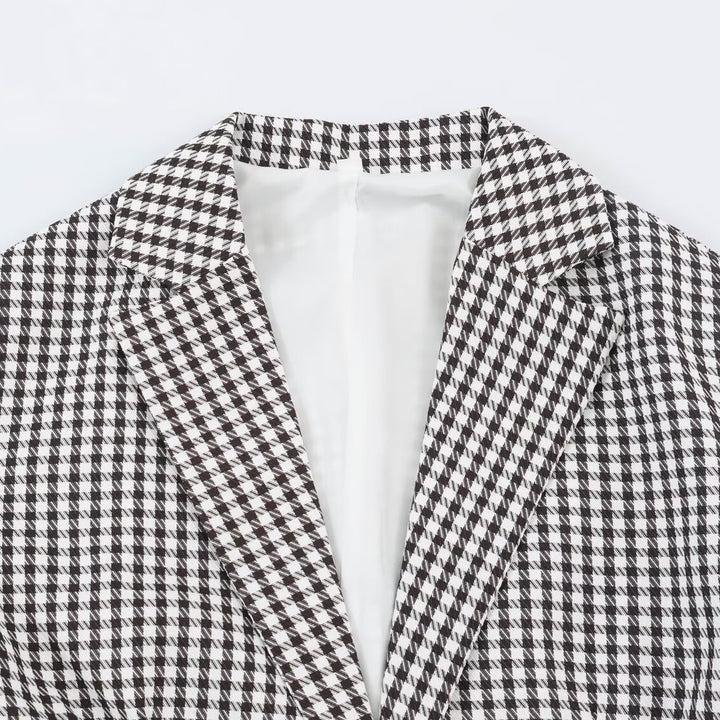 Women Oversized Blazer in Houndstooth Pattern with Balloon Sleeves and Patching Pockets Mune Fashion