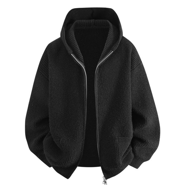 Women's Cozy Oversized Ribbed Knit Hooded Jacket with Two-Way Zipper & Patch Pockets Mune Fashion