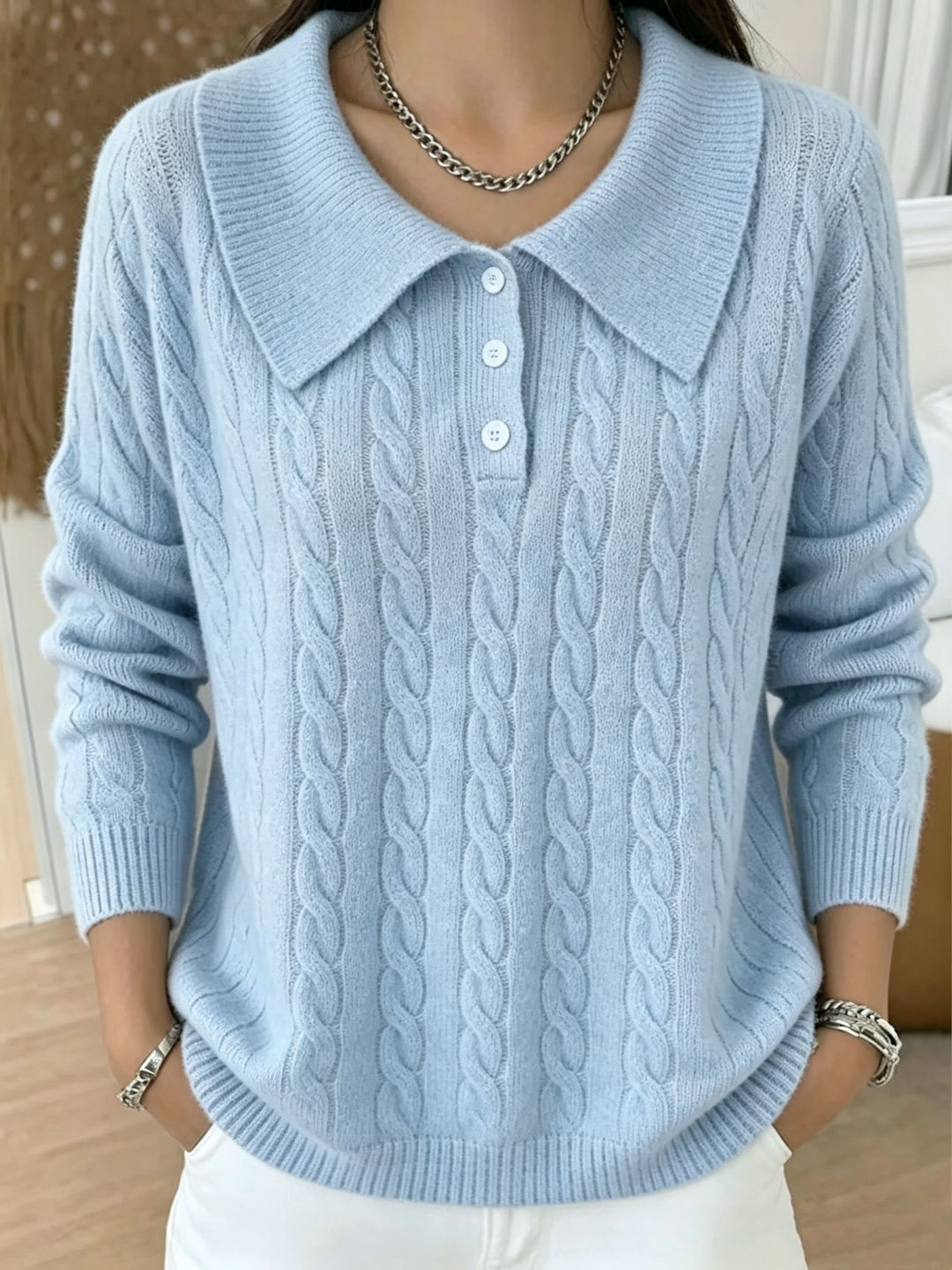 Women's cable knit polo sweater with large folded collar and relaxed silhouette Mune Fashion
