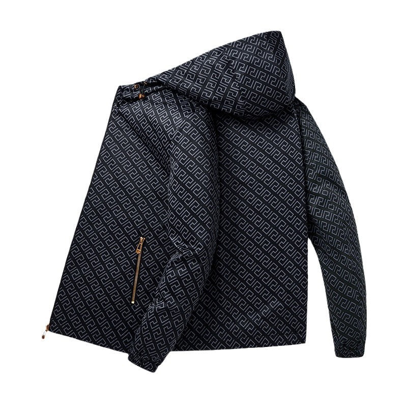 Men's Lightweight Hooded Pattern Jacket made of Microfiber with Urban Geometry Print Mune Fashion