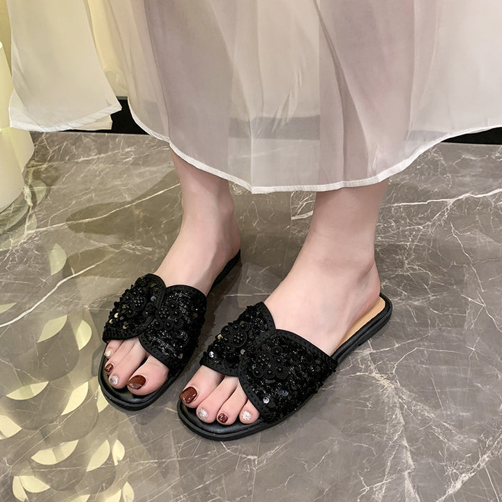 Women's elegant mule with square toe section bouclé upper material and pearl embellishment Mune Fashion