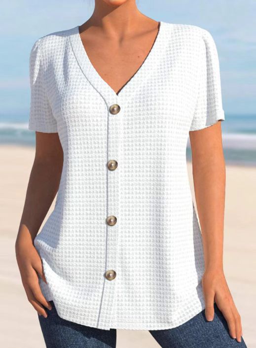 Women's finely structured V-neck top with decorative button placket and slightly flared silhouette Mune Fashion